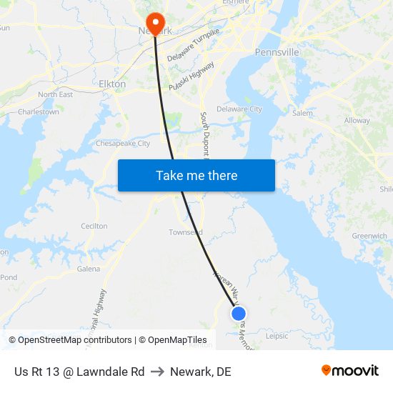 Us Rt 13 @ Lawndale Rd to Newark, DE map