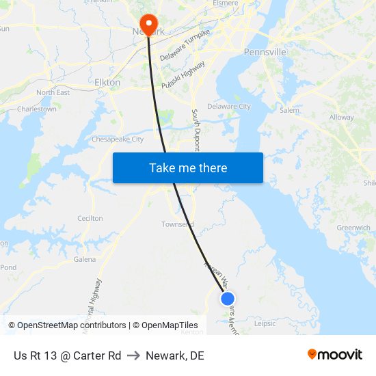 Us Rt 13 @ Carter Rd to Newark, DE map