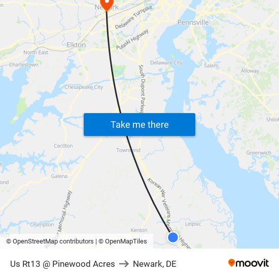 Us Rt13 @ Pinewood Acres to Newark, DE map