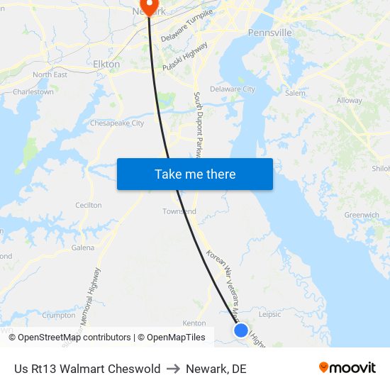 Us Rt13 Walmart Cheswold to Newark, DE map