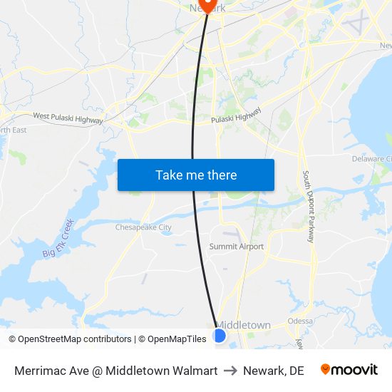 Merrimac Ave @ Middletown Walmart to Newark, DE map