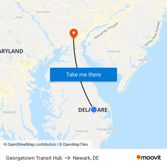 Georgetown Transit Hub to Newark, DE map