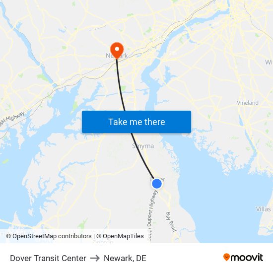 Dover Transit Center to Newark, DE map