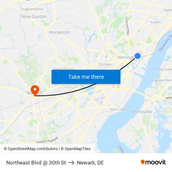 Northeast Blvd @ 30th St to Newark, DE map