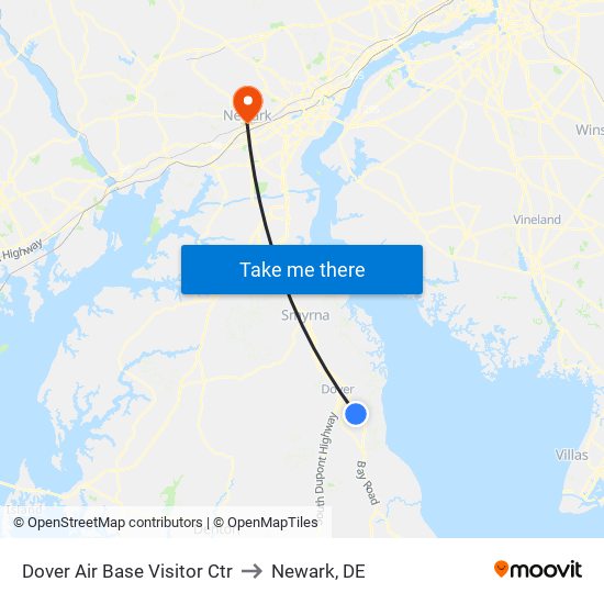 Dover Air Base Visitor Ctr to Newark, DE map
