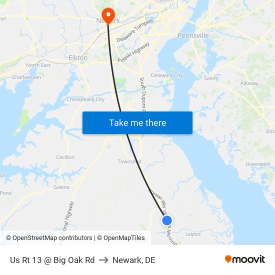 Us Rt 13 @ Big Oak Rd to Newark, DE map