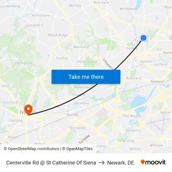 Centerville Rd @ St Catherine Of Siena to Newark, DE map