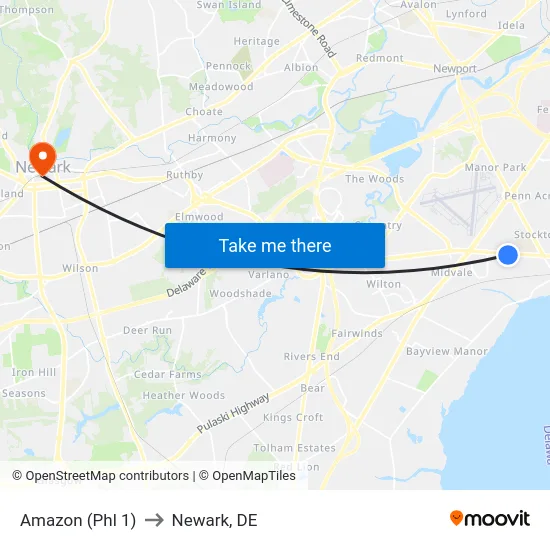 Amazon (Phl 1) to Newark, DE map