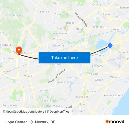 Hope Center to Newark, DE map