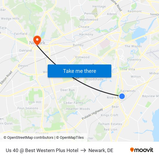 Us 40 @ Best Western Plus Hotel to Newark, DE map