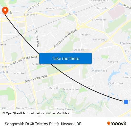 Songsmith Dr @ Tolstoy  Pl to Newark, DE map