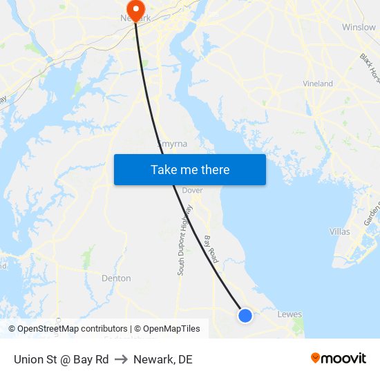Union St @ Bay Rd to Newark, DE map