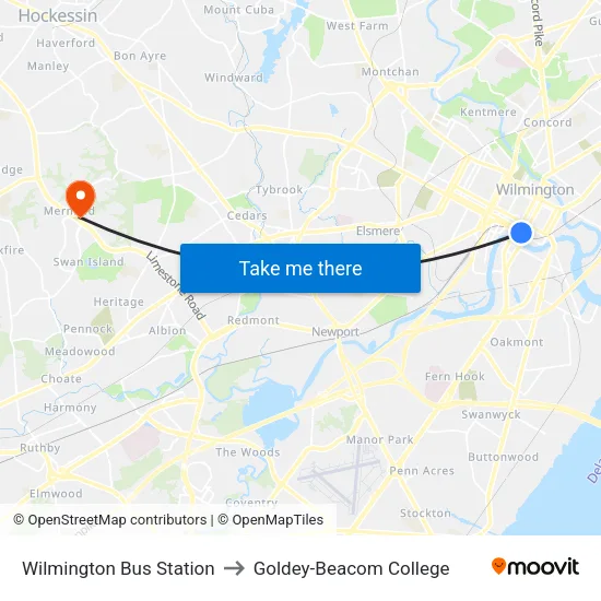 Wilmington Bus Station to Goldey-Beacom College map
