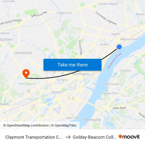 Claymont Transportation Center to Goldey-Beacom College map