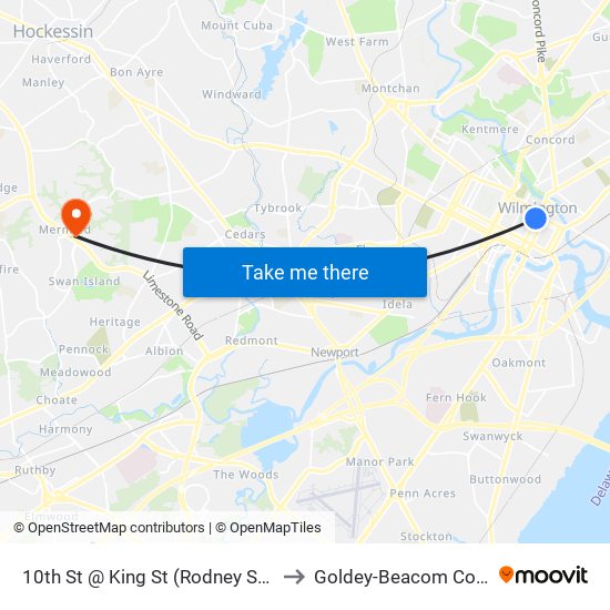 10th St @ King St (Rodney Square) to Goldey-Beacom College map