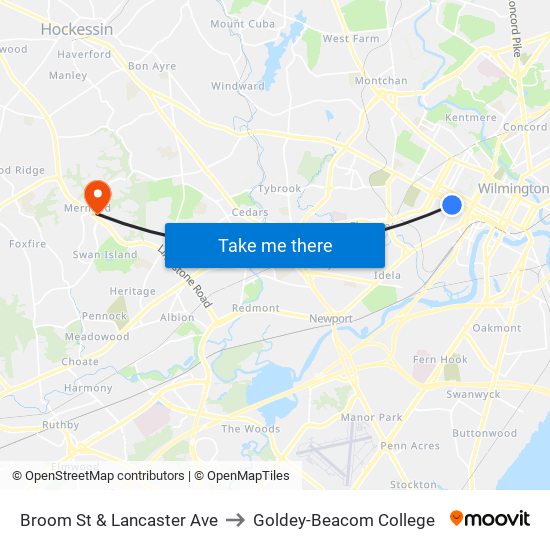 Broom St & Lancaster Ave to Goldey-Beacom College map