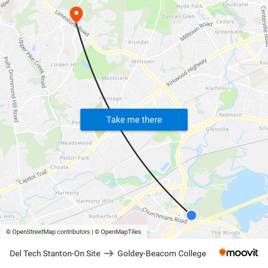 Del Tech Stanton-On Site to Goldey-Beacom College map