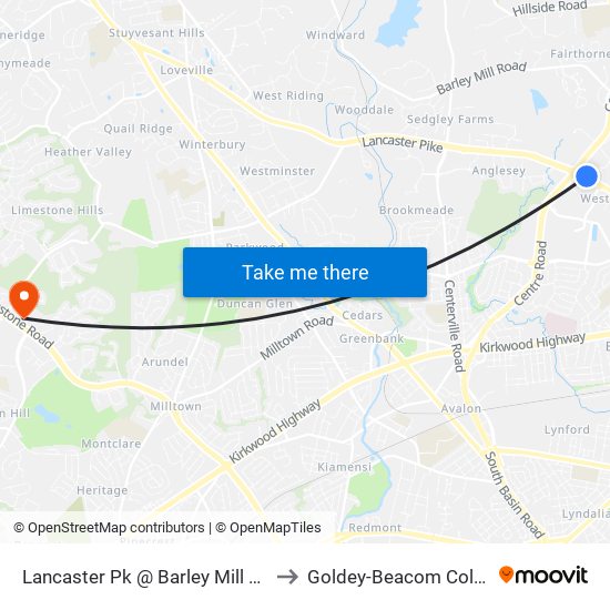 Lancaster Pk @ Barley Mill Plaza to Goldey-Beacom College map