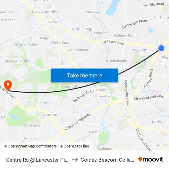 Centre Rd @ Lancaster Pike to Goldey-Beacom College map