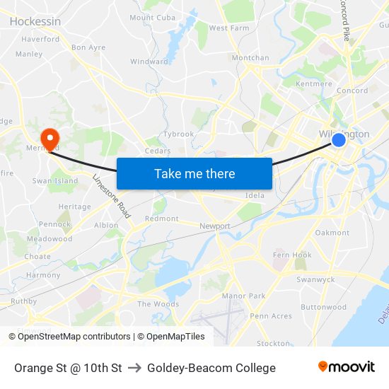 Orange St @ 10th St to Goldey-Beacom College map