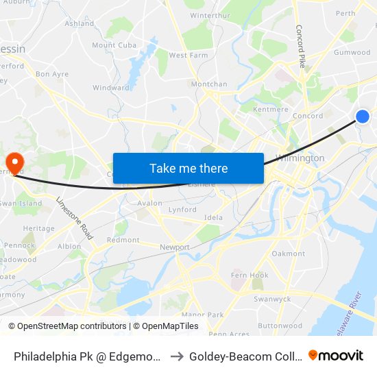 Philadelphia Pk @ Edgemoor Rd to Goldey-Beacom College map