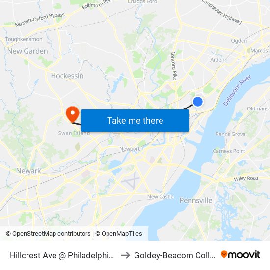 Hillcrest Ave @ Philadelphia Pk to Goldey-Beacom College map