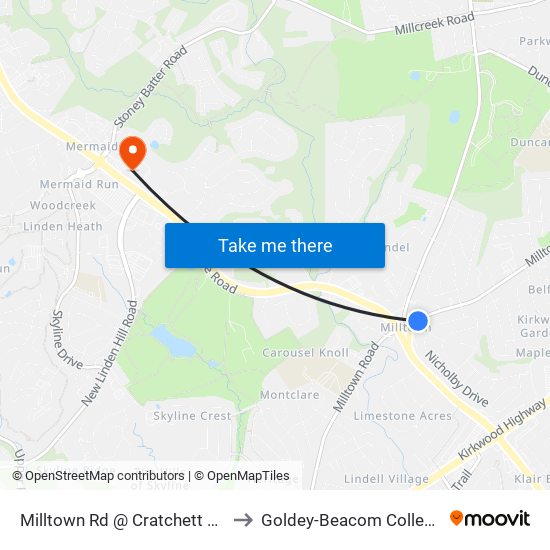 Milltown Rd @ Cratchett Rd to Goldey-Beacom College map