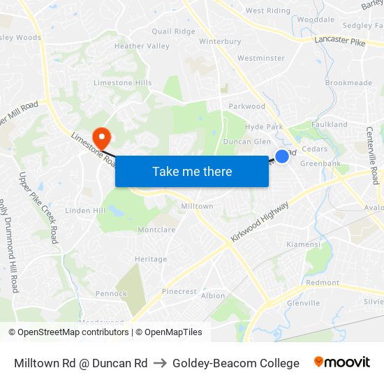 Milltown Rd @ Duncan Rd to Goldey-Beacom College map