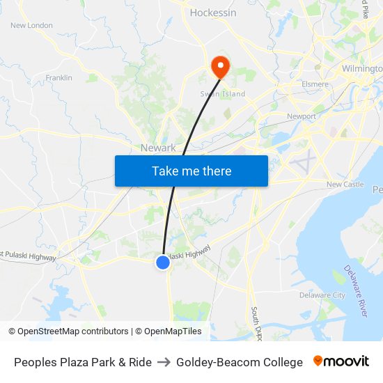 Peoples Plaza Park & Ride to Goldey-Beacom College map