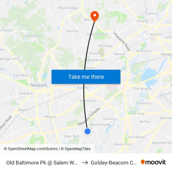 Old Baltimore Pk @ Salem Woods Rd to Goldey-Beacom College map