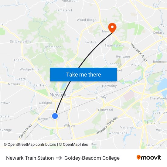 Newark Train Station to Goldey-Beacom College map