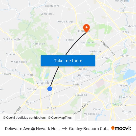 Delaware Ave @ Newark Hs Pedx to Goldey-Beacom College map