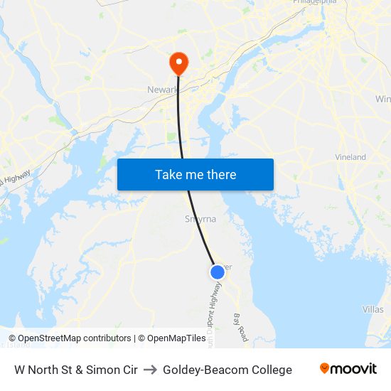 W North St & Simon Cir to Goldey-Beacom College map