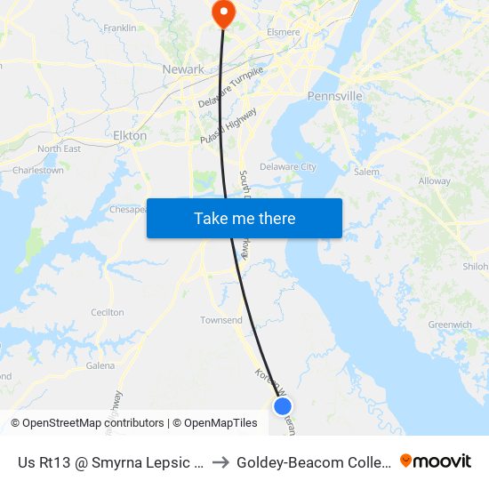 Us Rt13 @ Smyrna Lepsic Rd to Goldey-Beacom College map