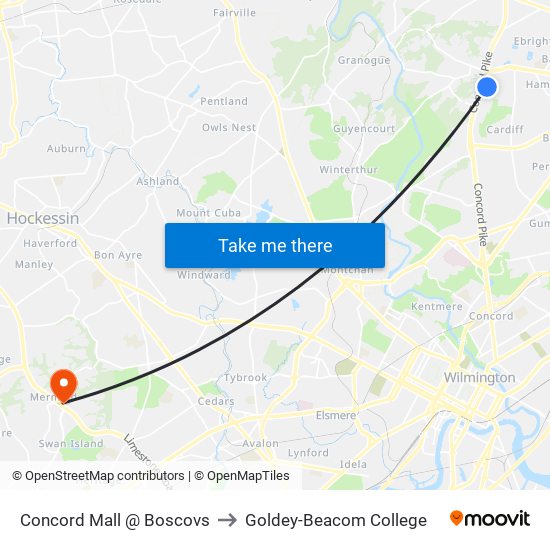 Concord Mall @ Boscovs to Goldey-Beacom College map