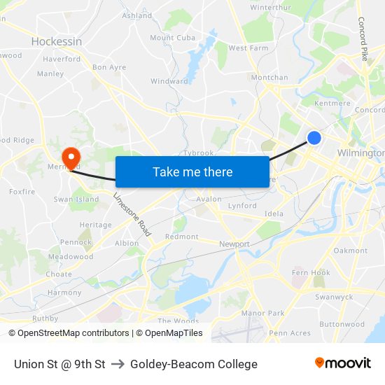 Union St @ 9th St to Goldey-Beacom College map