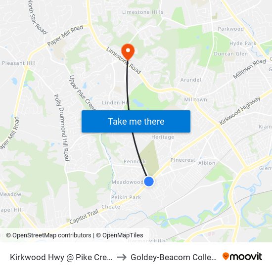 Kirkwood Hwy @ Pike Creek to Goldey-Beacom College map