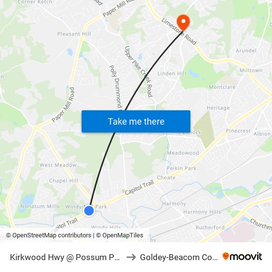 Kirkwood Hwy @ Possum Pk Apts to Goldey-Beacom College map