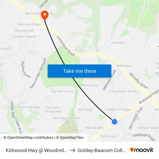 Kirkwood Hwy @ Woodmill Dr to Goldey-Beacom College map