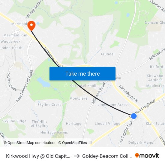 Kirkwood Hwy @ Old Capitol Tr to Goldey-Beacom College map