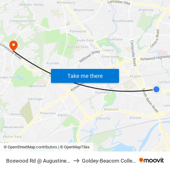 Boxwood Rd @ Augustine St to Goldey-Beacom College map