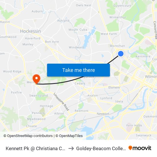 Kennett Pk @ Christiana Care to Goldey-Beacom College map