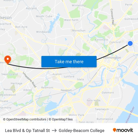 Lea Blvd & Op Tatnall St to Goldey-Beacom College map