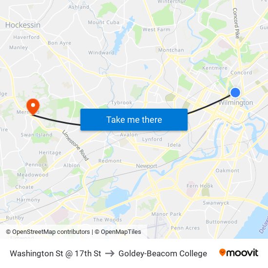 Washington St @ 17th St to Goldey-Beacom College map