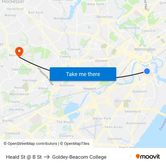 Heald St @ B St to Goldey-Beacom College map