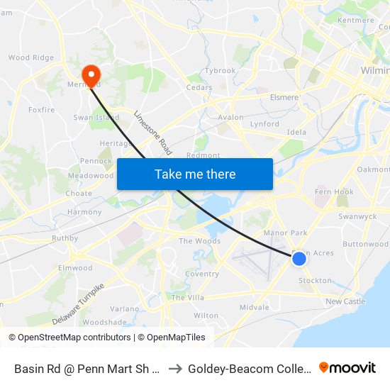 Basin Rd @ Penn Mart Sh Ctr to Goldey-Beacom College map