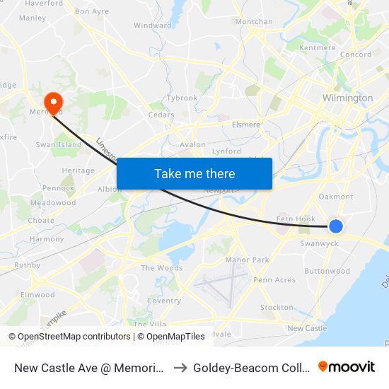 New Castle Ave @ Memorial Dr to Goldey-Beacom College map