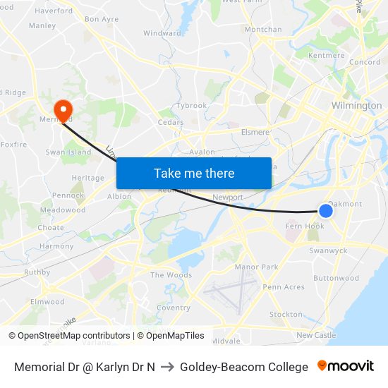 Memorial Dr @ Karlyn Dr N to Goldey-Beacom College map