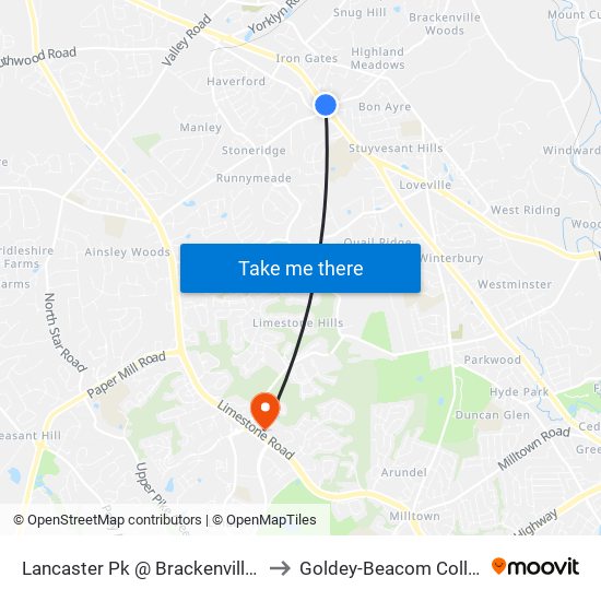 Lancaster Pk @ Brackenville Rd to Goldey-Beacom College map