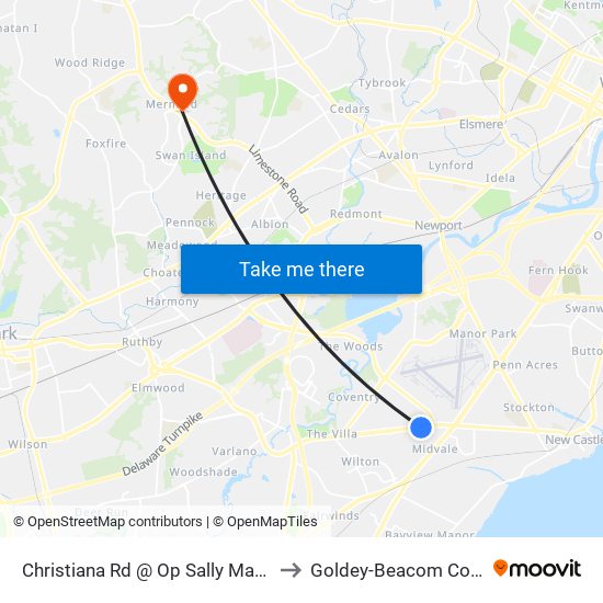 Christiana Rd @ Op Sally Mae Bldg to Goldey-Beacom College map